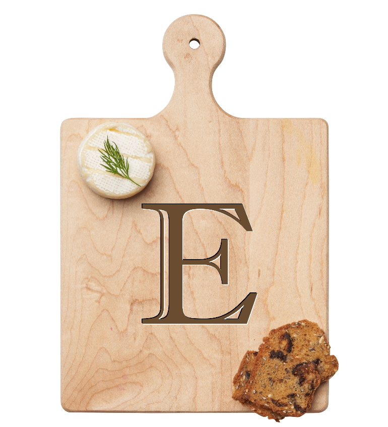 Maple Leaf 9x6 Initial Board E with Spreader. Personalized wooden serving board with monogram design. Perfect gift. Available at Be Charmed.
