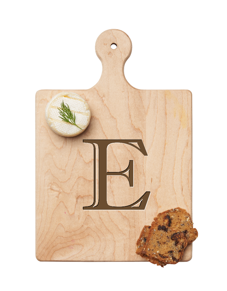 Maple Leaf 9x6 Initial Board E with Spreader. Personalized wooden serving board with monogram design. Perfect gift. Available at Be Charmed.