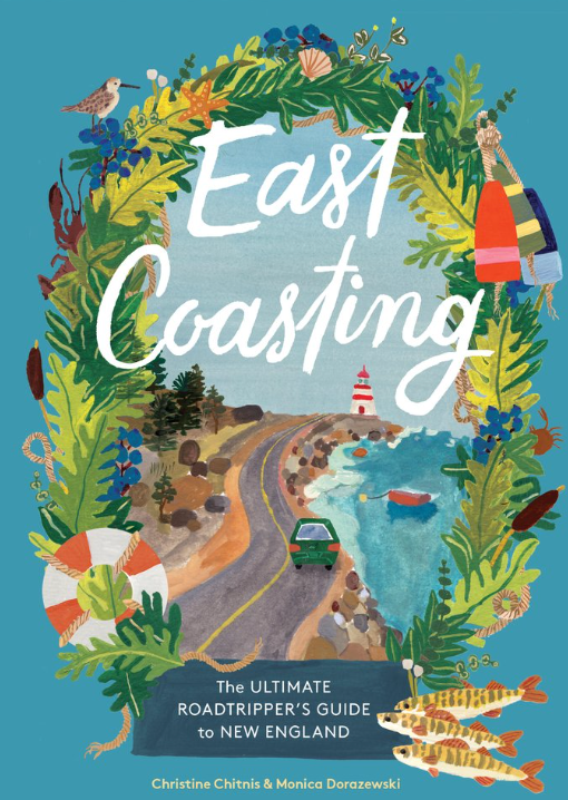 Book cover of 'East Coasting' with illustrations of a coastal road, lighthouse, and nature elements on a blue background. Available at Be Charmed