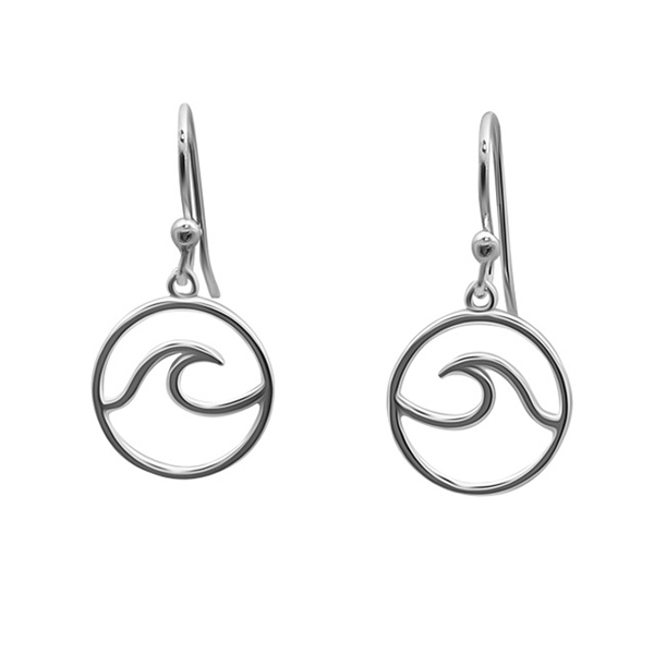 A pair of sterling silver hoop earrings with a wave design, suspended from silver french wires. Available at Be Charmed