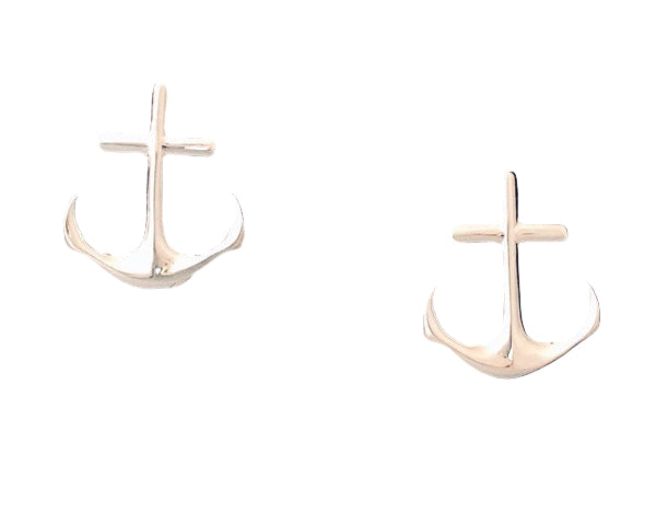 Two sterling silver anchor earrings on a textured black background. Availabel at Be Charmed
