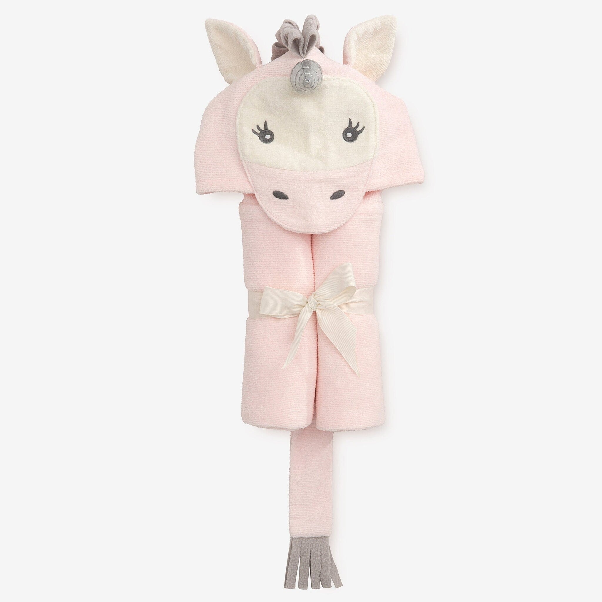 Elegant Baby Pink Unicorn Bath Wrap – soft hooded towel for newborns and toddlers with whimsical unicorn design. Available at Be Charmed.
