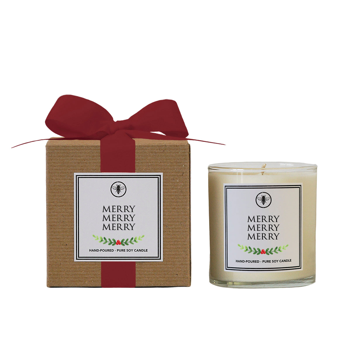 Candle and packaging with 'Merry Merry Merry' label on a white background. Available at Be Charmed. 