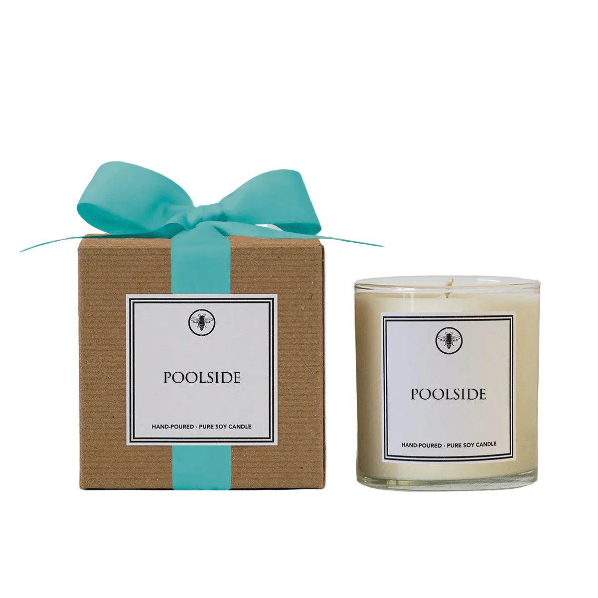 Poolside Ella B candle with a matching box and teal ribbon on a light gray background. Available at Be Charmed