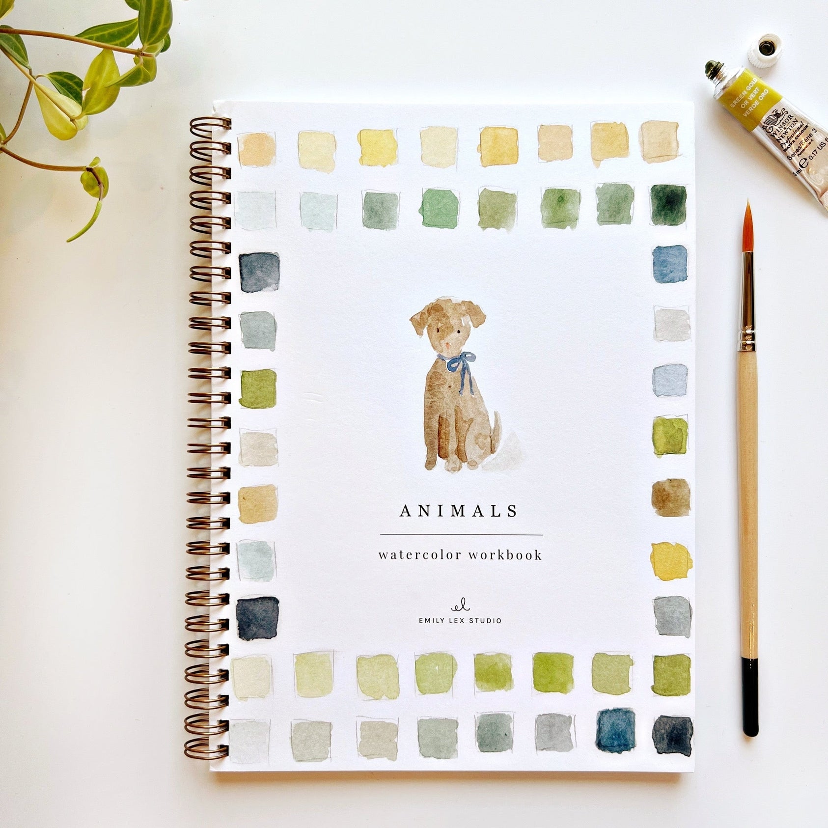 Watercolor workbook titled 'Animals' with a dog illustration on a white background. Available at Be Charmed