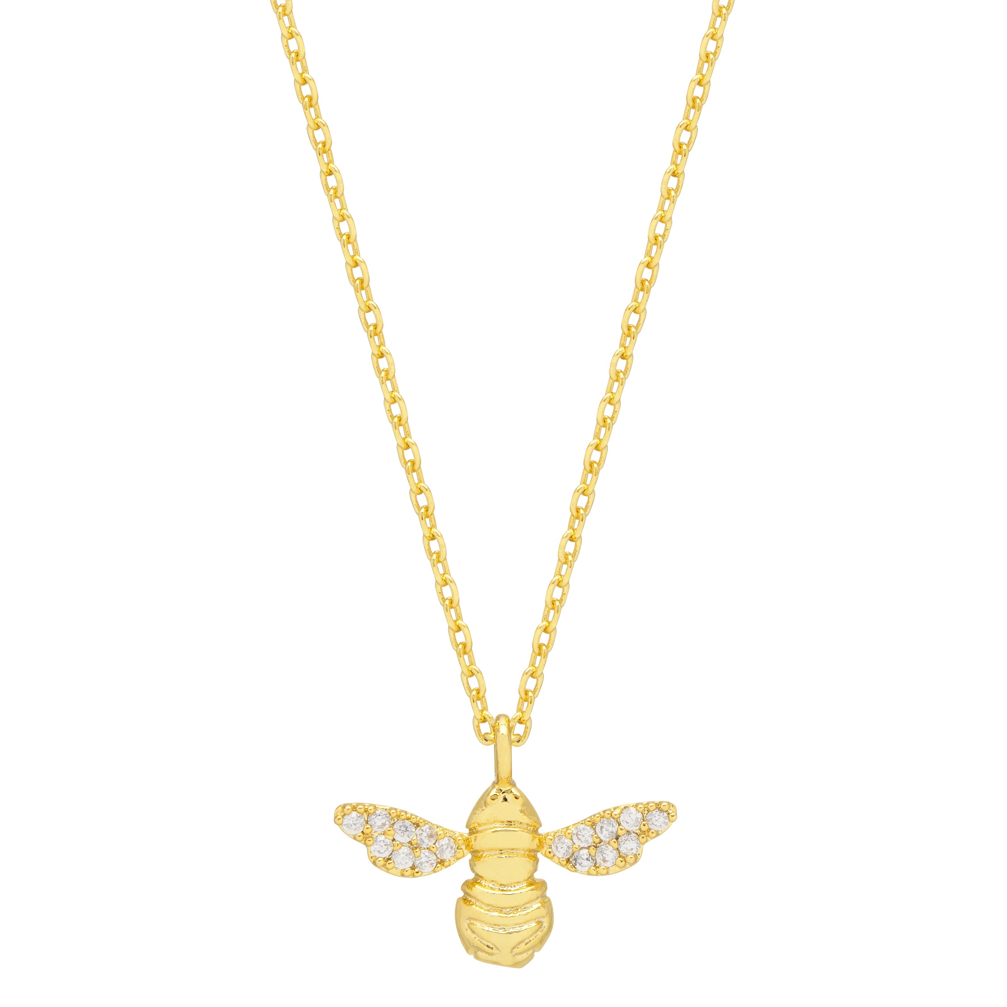 Gold bee pendant necklace on a white background. Available at Be Charmed