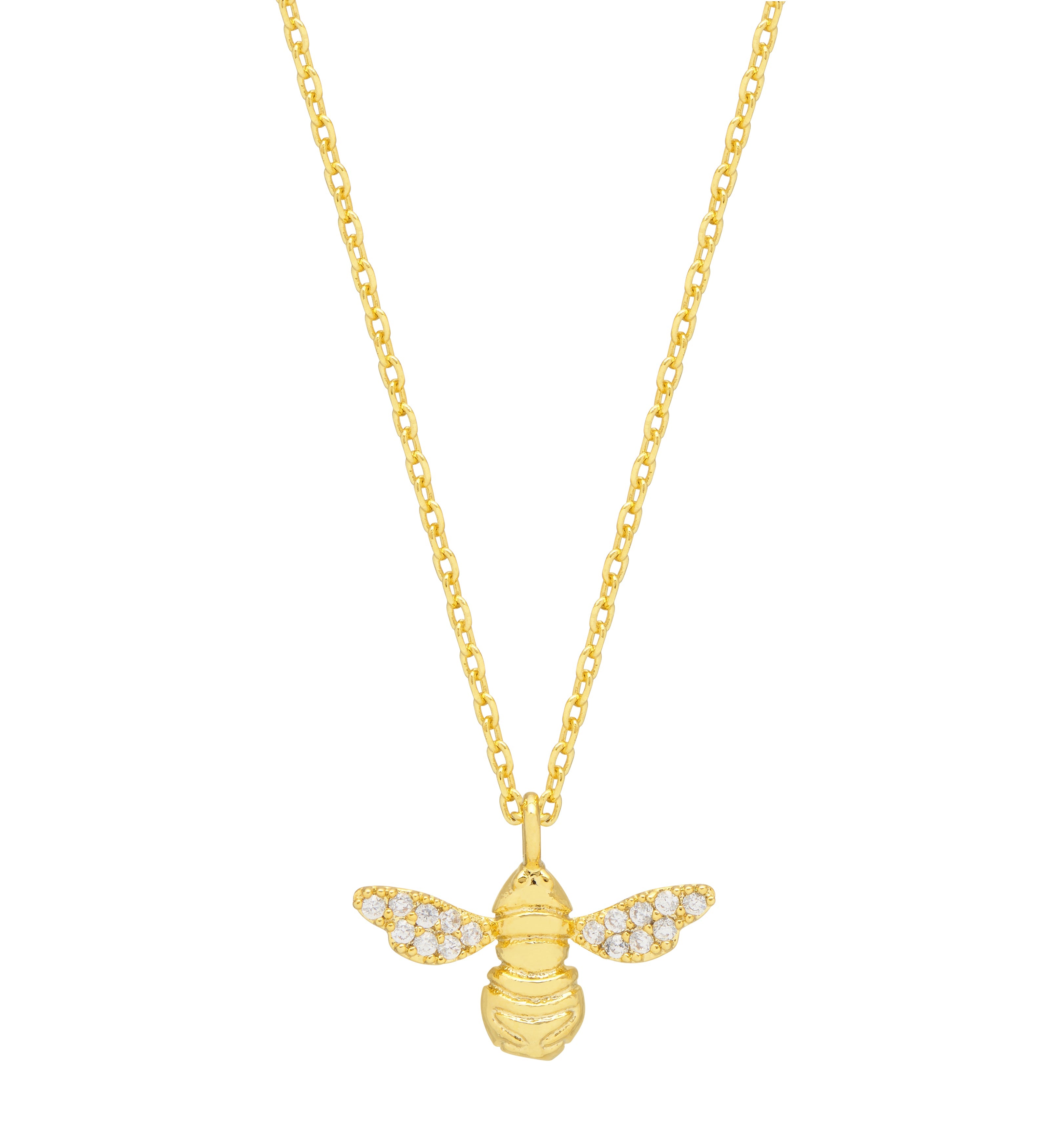 Gold bee pendant necklace on a white background. Available at Be Charmed