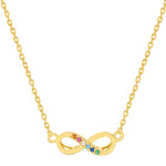 Gold necklace with an infinity symbol pendant featuring colorful stones on a white background. Available at Be Charmed