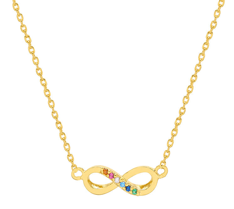 Gold necklace with an infinity symbol pendant featuring colorful stones on a white background. Available at Be Charmed