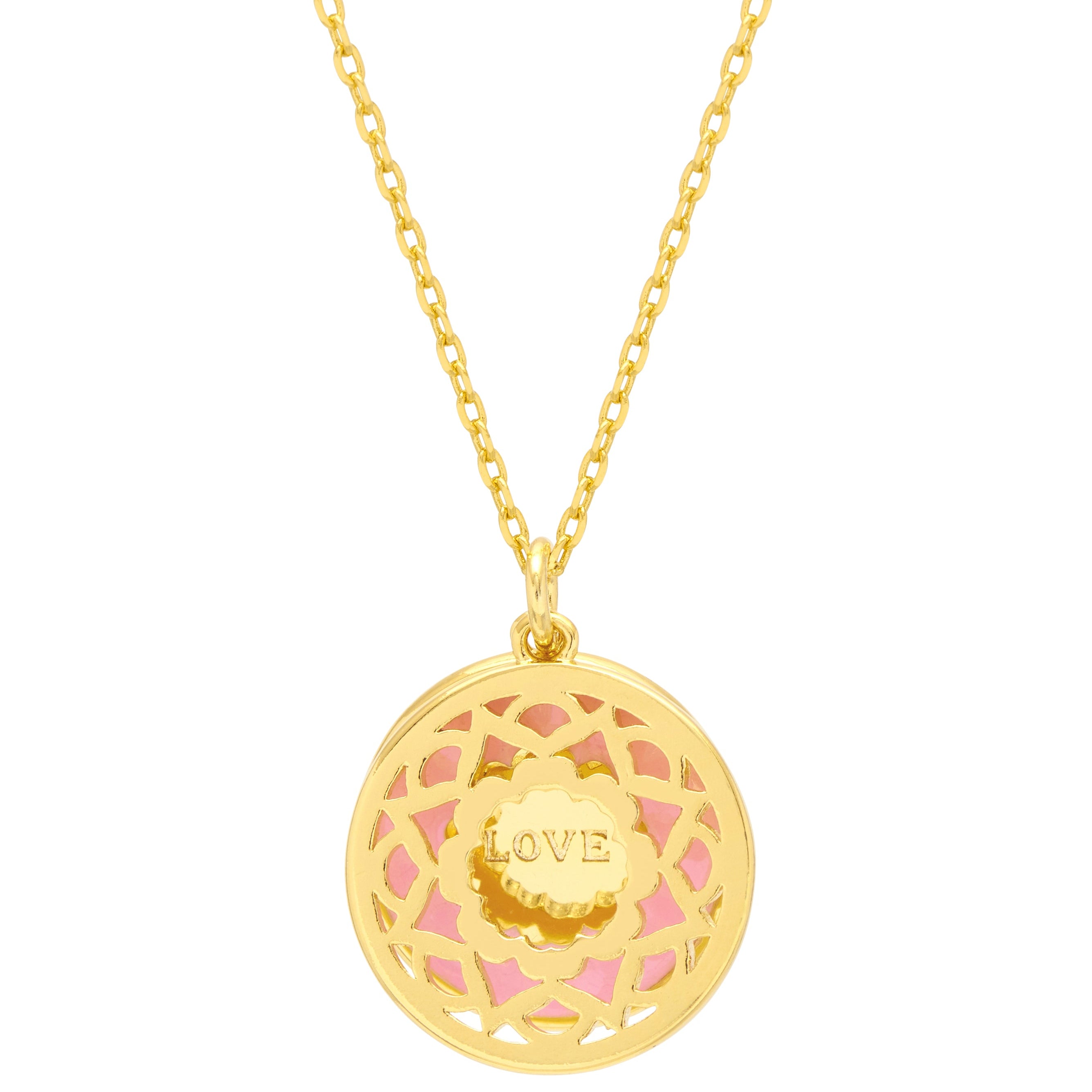 Gold necklace with a round pendant featuring the word 'LOVE' on a white background. Available at Be Charmed
