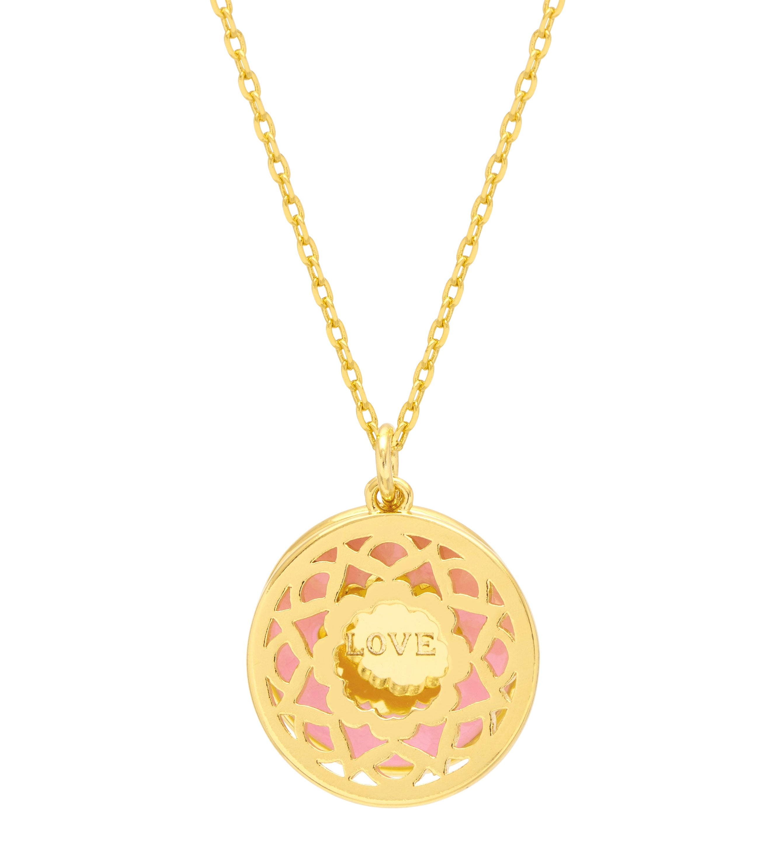 Gold necklace with a round pendant featuring the word 'LOVE' on a white background. Available at Be Charmed