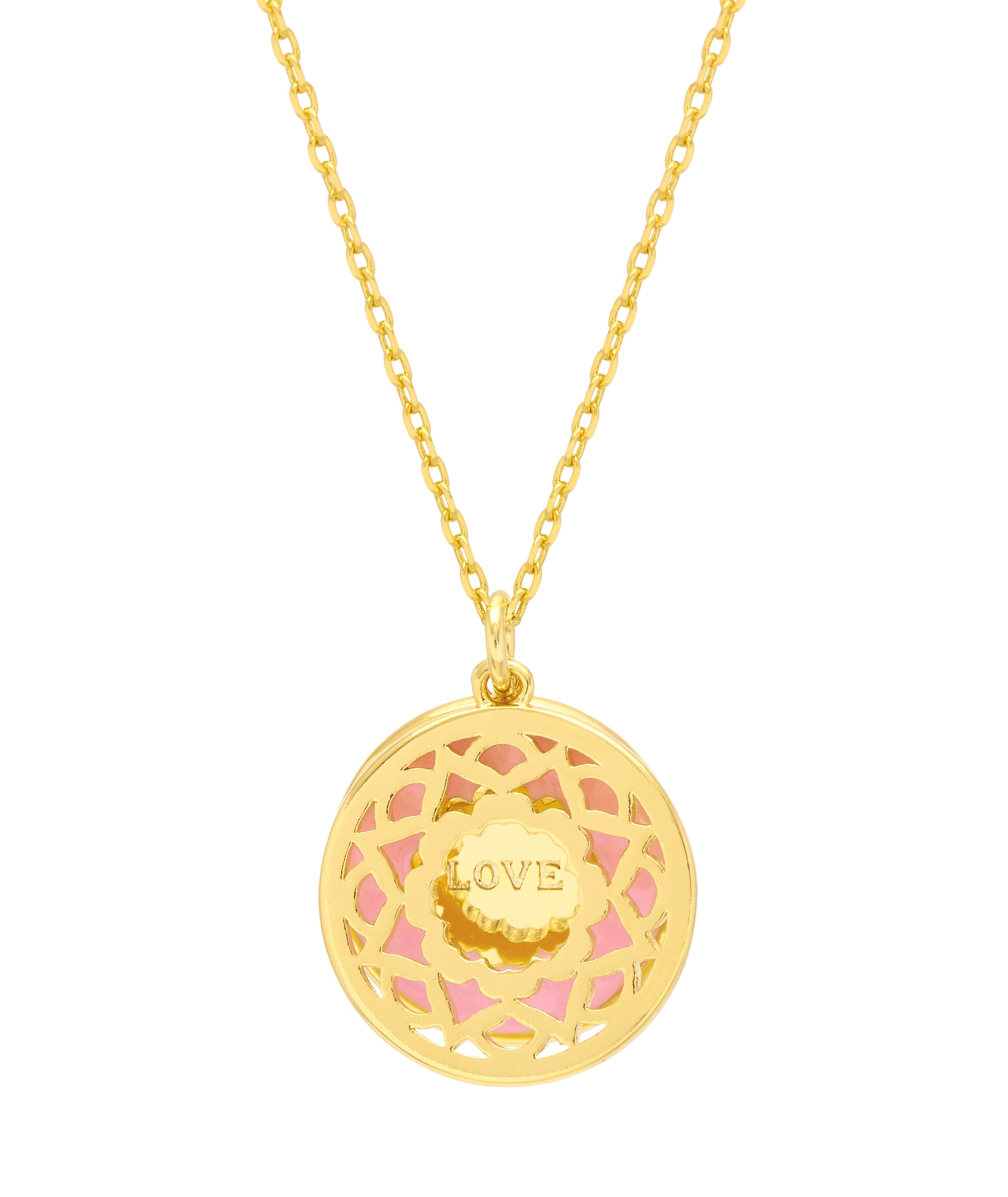 Gold necklace with a round pendant featuring the word 'LOVE' on a white background. Available at Be Charmed
