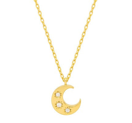 Gold necklace with a crescent moon pendant on a white background. Available at Be Charmed