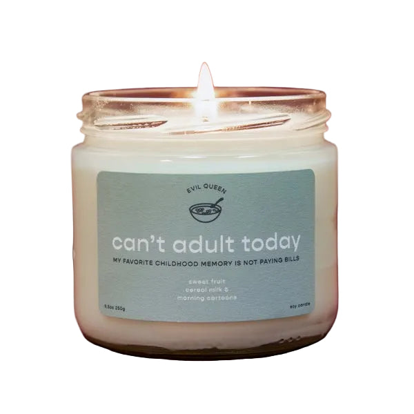 Evil Queen Can't Adult Today cereal scented soy candle available at Be Charmed.