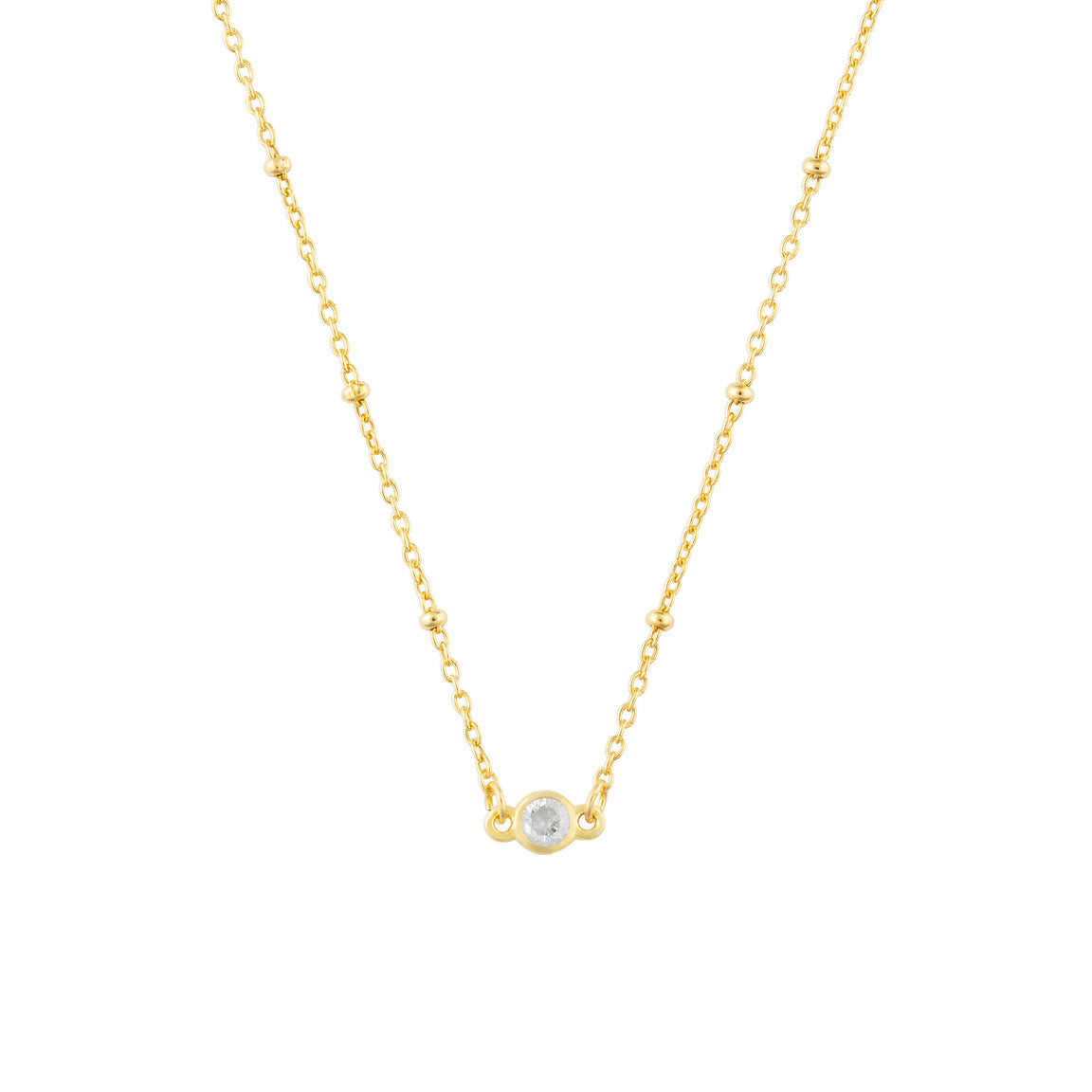 April FYB Gold Birthstone Necklace featuring a dainty bezel-set stone on a delicate gold chain. Available at Be Charmed