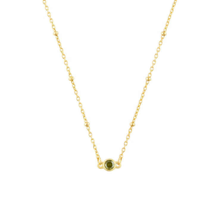 August FYB Gold Birthstone Necklace featuring a dainty bezel-set stone on a delicate gold chain. Available at Be Charmed.