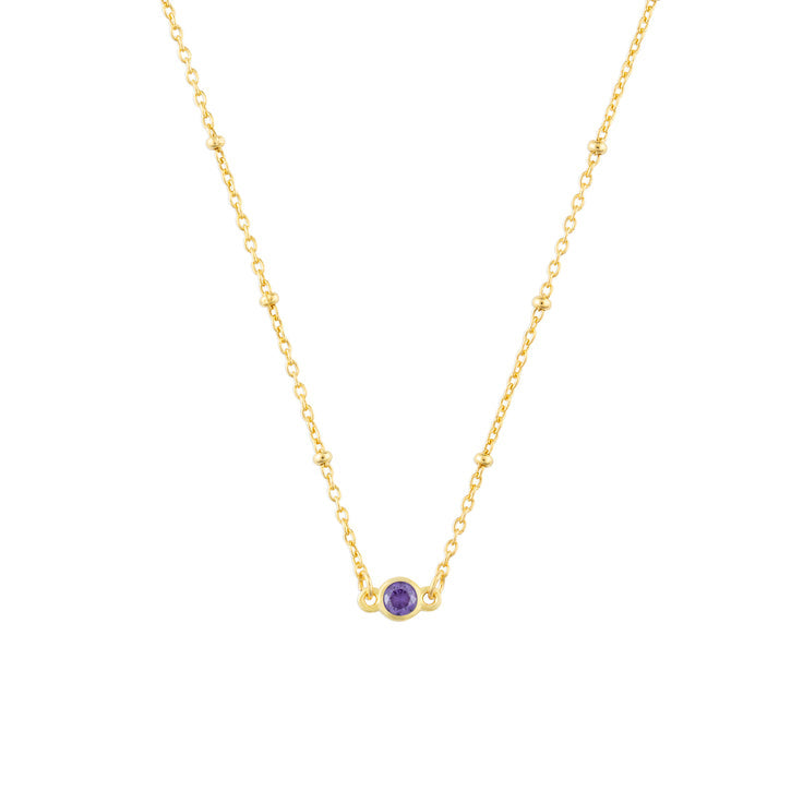 February FYB Gold Birthstone Necklace featuring a dainty bezel-set stone on a delicate gold chain. Available at Be Charmed