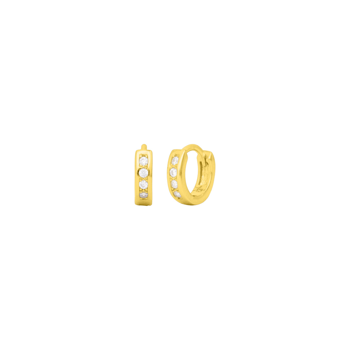 Gold fyb Daphne Huggie Earrings in gold vermeil with pave-set cubic zirconia for a subtle sparkle. Petite, elegant hoops for everyday wear. Available at Be Charmed.