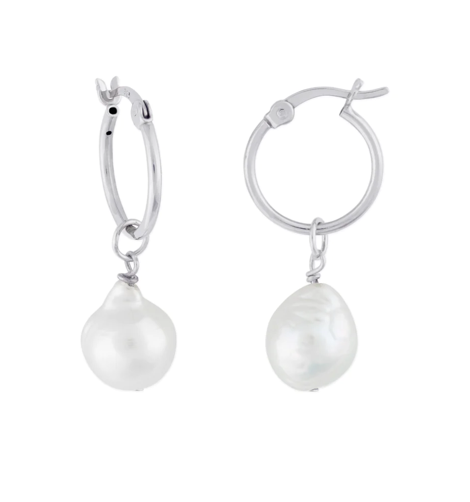 FYB Kaia silver hoop earrings with freshwater pearls available at Be Charmed.