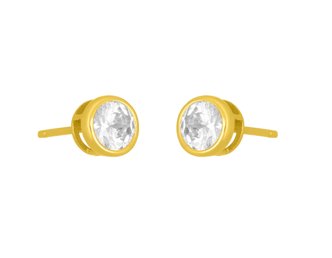 Gold fyb Marisol Bezel Stud Earrings in 5MM size, featuring bezel-set cubic zirconia in gold vermeil. Bold, timeless sparkle for any style. Available at Be Charmed.