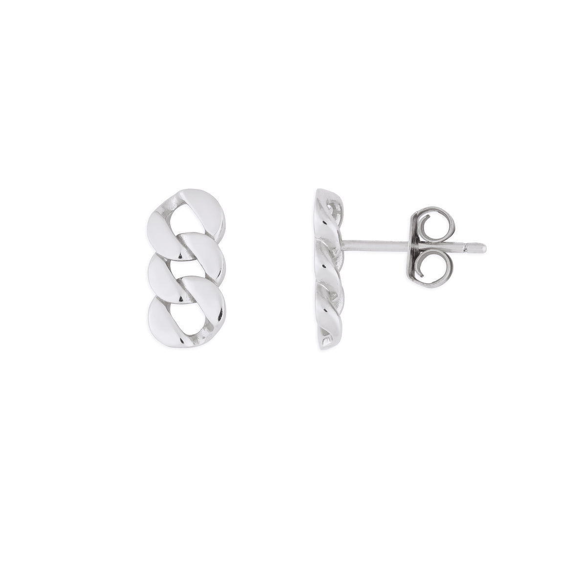 A pair of silver stud earrings, one earring is displayed above the other with a slight twist, both featuring a textured surface. Available at Be Charmed