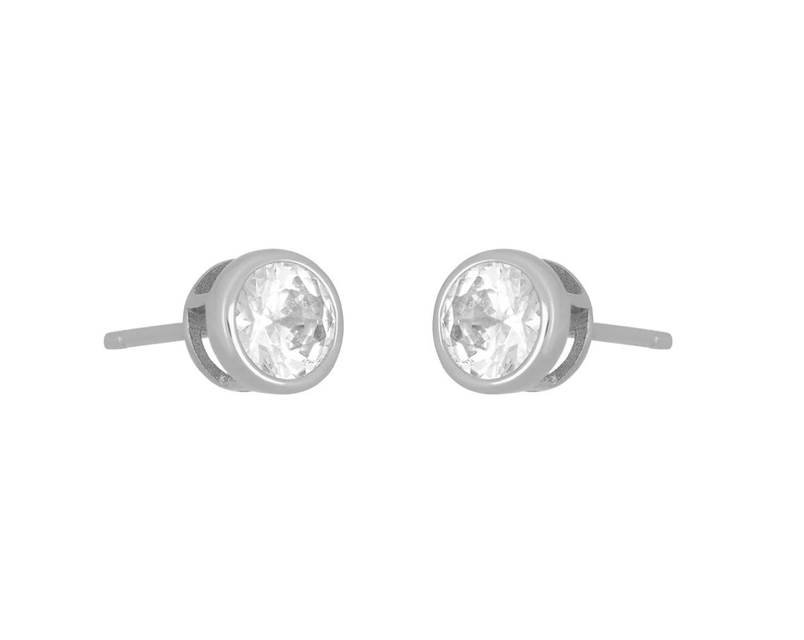 Silver fyb Marisol Bezel Stud Earrings in 5MM size, featuring bezel-set cubic zirconia in gold vermeil. Bold, timeless sparkle for any style. Available at Be Charmed.