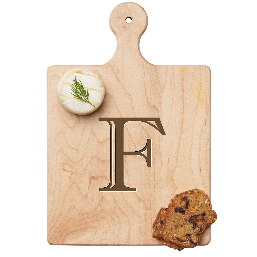 Maple Leaf 9x6 Initial Board F with Spreader. Personalized wooden serving board with monogram design. Perfect gift. Available at Be Charmed.