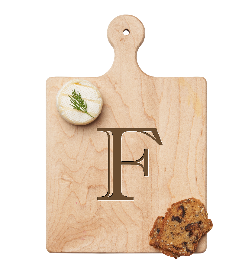 Maple Leaf 9x6 Initial Board F with Spreader. Personalized wooden serving board with monogram design. Perfect gift. Available at Be Charmed.