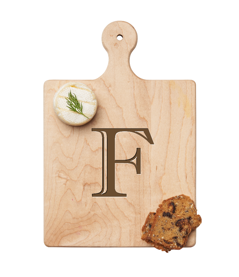 Maple Leaf 9x6 Initial Board F with Spreader. Personalized wooden serving board with monogram design. Perfect gift. Available at Be Charmed.