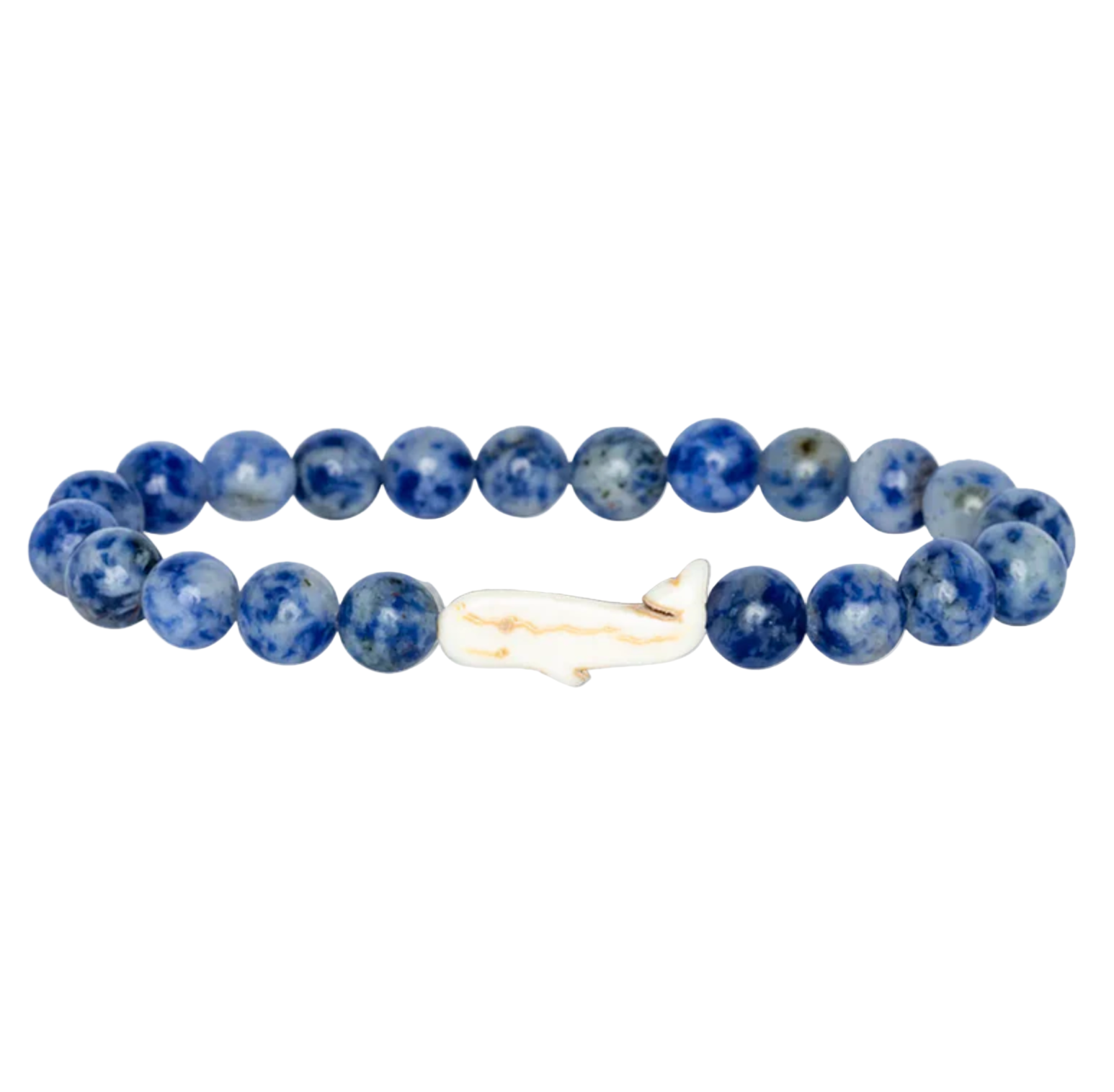 Fahlo Coastal Blue  beaded bracelet with a Whale charm on a light gray background. Available at Be Charmed