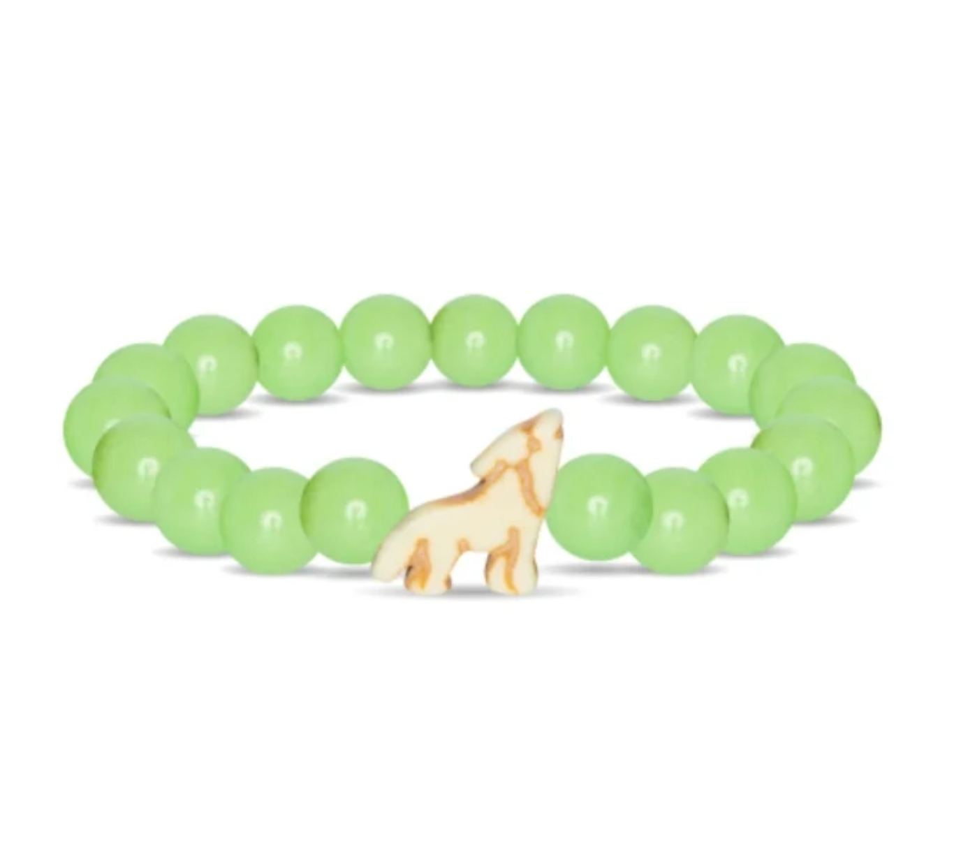 A beaded stretch Fahlo bracelet featuring light green round beads and a small cream-colored wolf charm, displayed on a clean white background. Available at Be Charmed