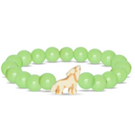A beaded stretch Fahlo bracelet featuring light green round beads and a small cream-colored wolf charm, displayed on a clean white background. Available at Be Charmed