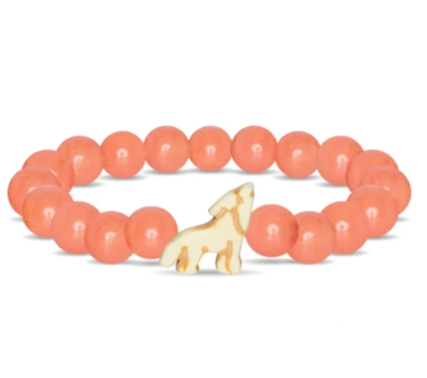 A beaded stretch Fahlo bracelet featuring smooth, round coral-pink beads and a small cream-colored wolf charm with gold-toned details, displayed on a clean white background. Available at Be Charmed