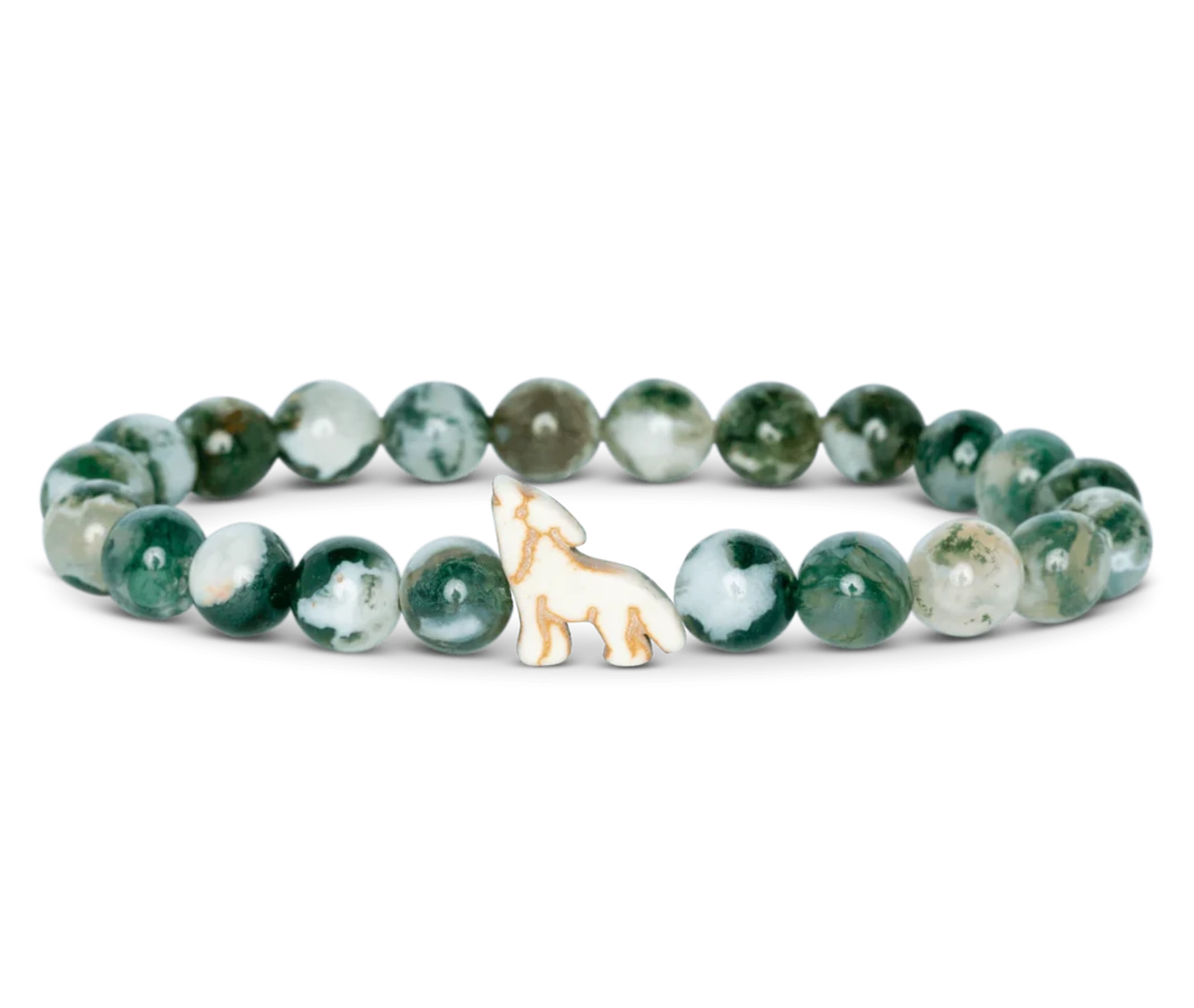 A beaded stretch Fahlo bracelet featuring round green and white marbled beads with a small white wolf charm outlined in gold, displayed on a clean white background. Available at Be Charmed