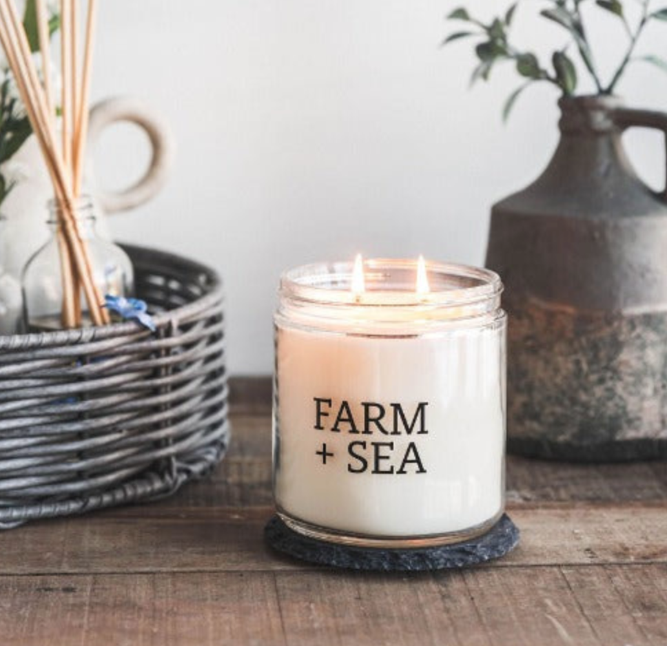 Farm + Sea 14 oz Lemon + Lavender scented candle with natural ingredients. Clean-burning candle for a fresh, calming scent. Available at Be Charmed.
