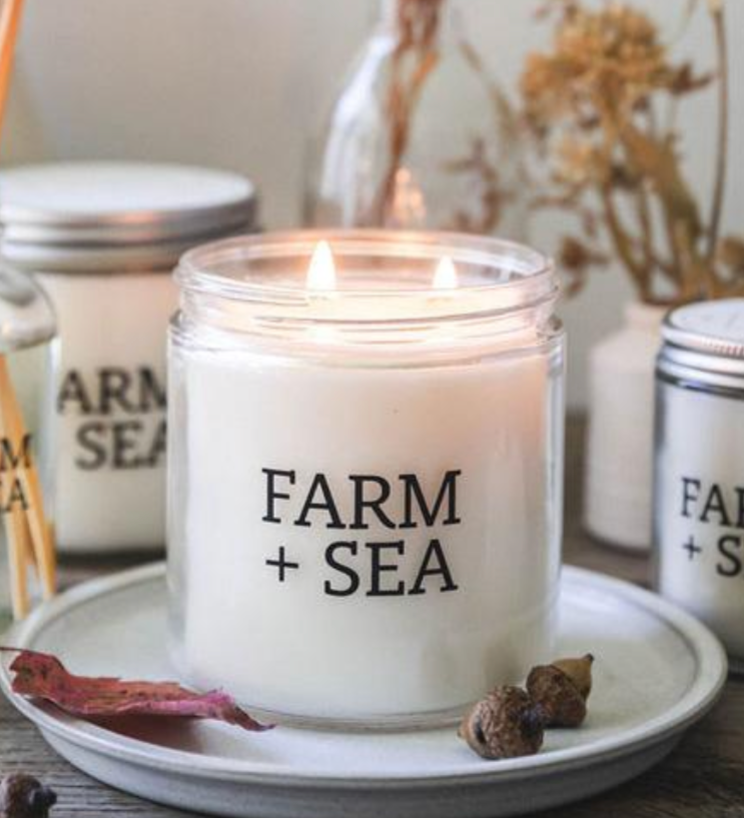 Farm + Sea 14 oz White Pumpkin Candle. Creamy pumpkin, vanilla, and fall spices in a hand-poured soy candle. Available at Be Charmed.