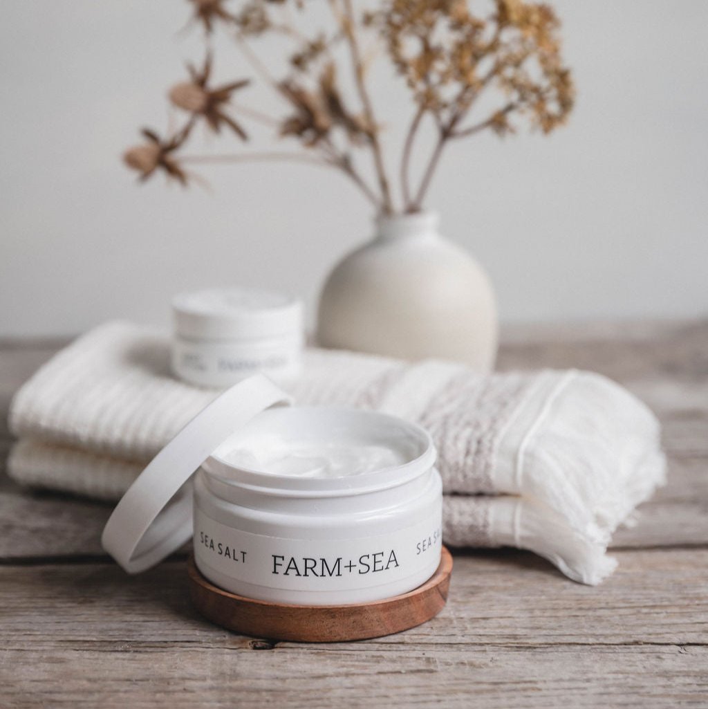 Farm + Sea Sea Salt 8oz body lotion with clean coastal scent and nourishing ingredients. Lightweight and hydrating. Available at Be Charmed.