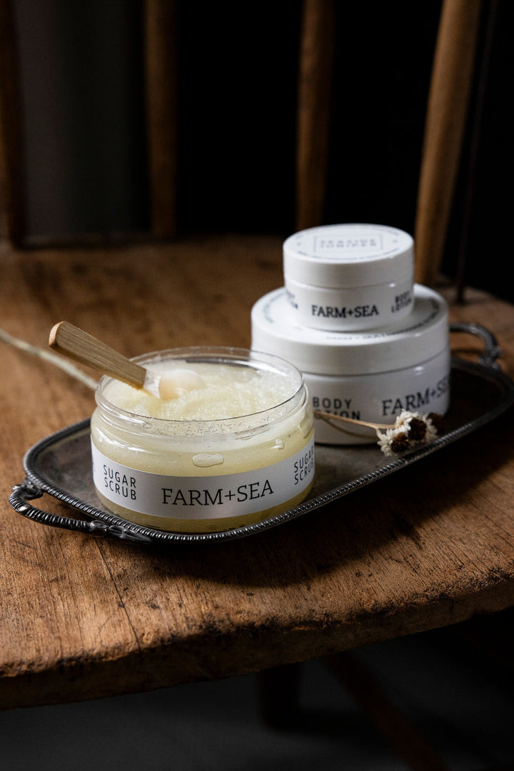 Farm + Sea Beach Girl sugar scrub with natural exfoliants and nourishing ingredients for smooth skin. Available at Be Charmed.