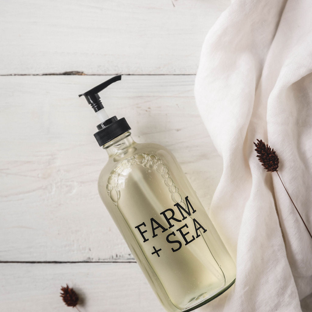 Farm + Sea Small Fir Tree Liquid Hand Soap – gentle cleanser with a fresh, woodsy scent for daily use. Available at Be Charmed.