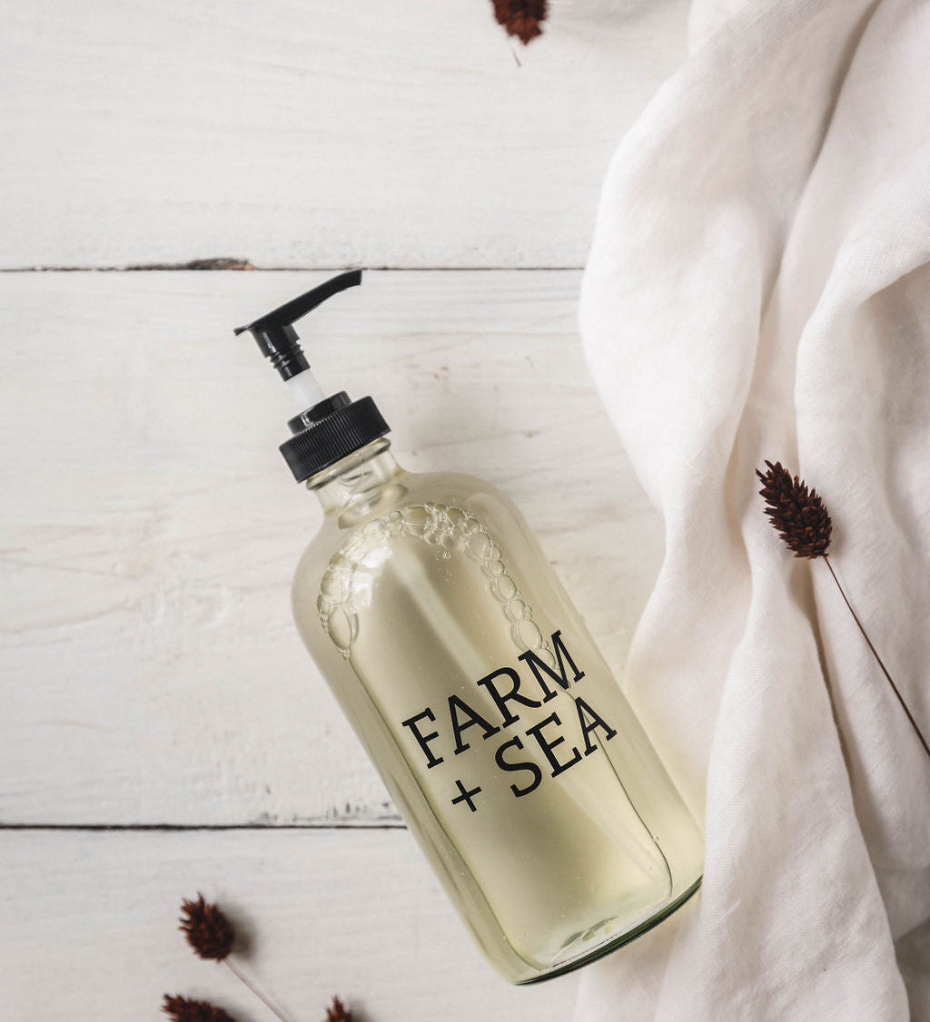 Farm + Sea Small Fir Tree Liquid Hand Soap – gentle cleanser with a fresh, woodsy scent for daily use. Available at Be Charmed.