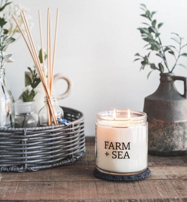 Farm + Sea Grapefruit + Sea Salt 14 oz scented candle with fresh citrus and ocean breeze scent. Clean-burning natural candle. Available at Be Charmed.