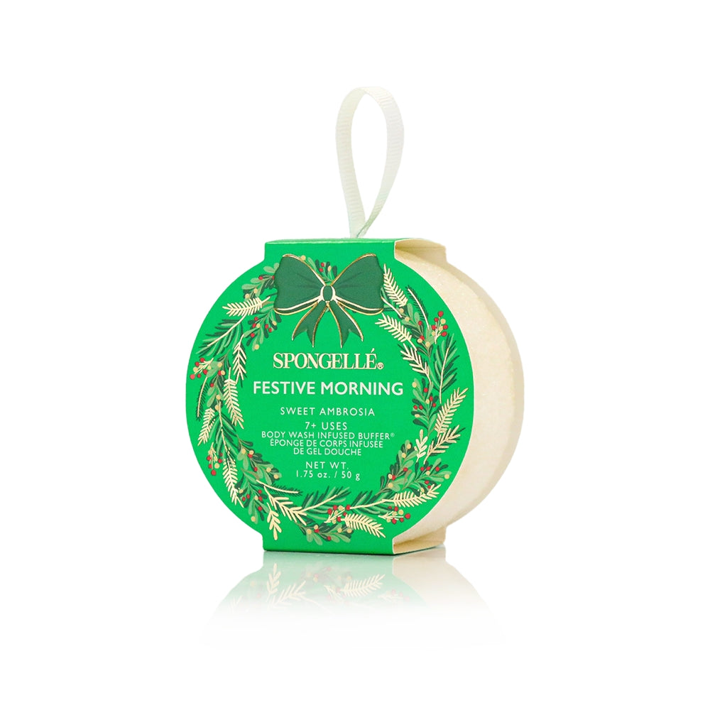 Spongellé festive morning product with green packaging and white background. Available at Be Charmed