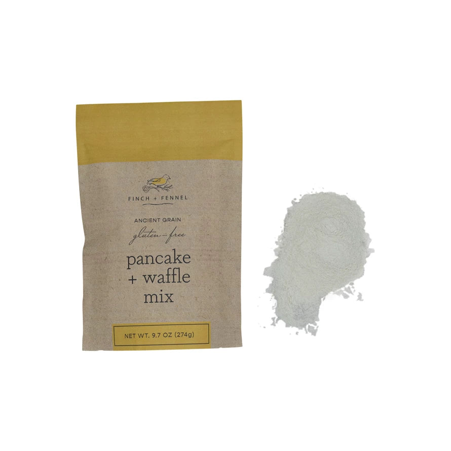 Bag of Finch & Fennel ancient grain gluten-free pancake and waffle mix on a white background. Available at Be Charmed