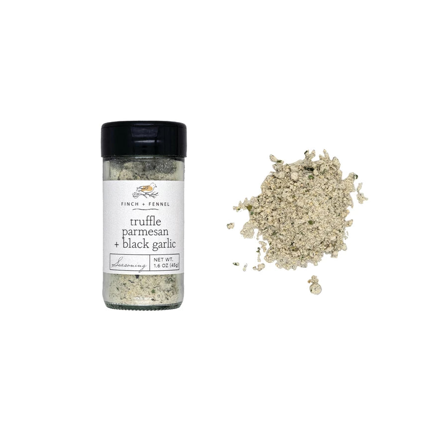 Truffle parmesan black garlic seasoning jar with a white background. Available at Be Charmed