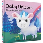 A pink and white baby unicorn finger puppet book with a rainbow and trees on the cover, illustrated by Victoria Ying. Available at Be Charmed