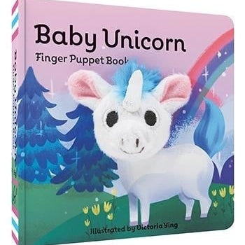 A pink and white baby unicorn finger puppet book with a rainbow and trees on the cover, illustrated by Victoria Ying. Available at Be Charmed