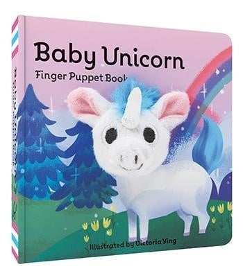 A pink and white baby unicorn finger puppet book with a rainbow and trees on the cover, illustrated by Victoria Ying. Available at Be Charmed