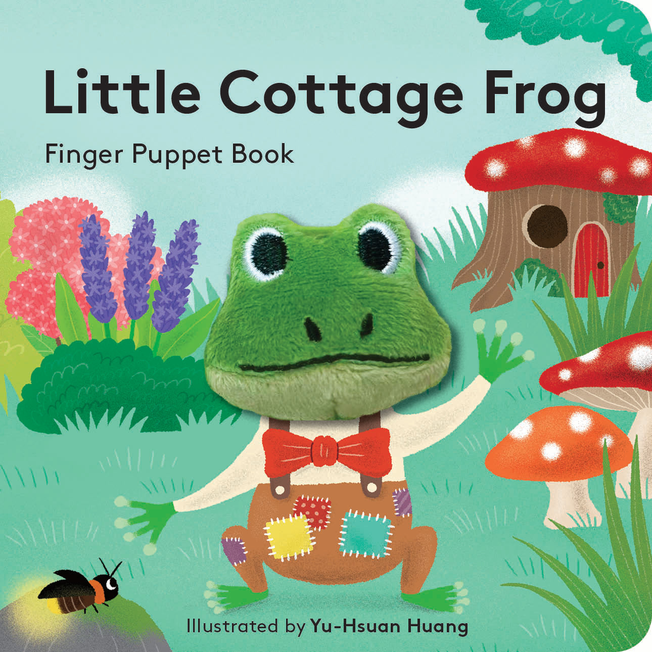 Finger puppet book cover featuring a frog, mushrooms, and flowers with text 'Little Cottage Frog'. Available at Be Charmed