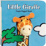 Book titled 'Little Giraffe Finger Puppet Book' with a giraffe puppet on a blue background. Availablea at Be Charmed
