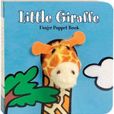 Book titled 'Little Giraffe Finger Puppet Book' with a giraffe puppet on a blue background. Availablea at Be Charmed